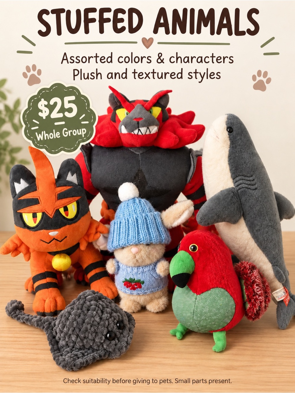 Bundle of 6 GANZ Assorted Plush Animals - Orange, Red, Gray, Blue, Green, Black